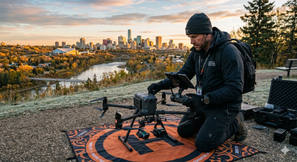 Licensed pilot preparing equipment for drone photography Edmonton shoot